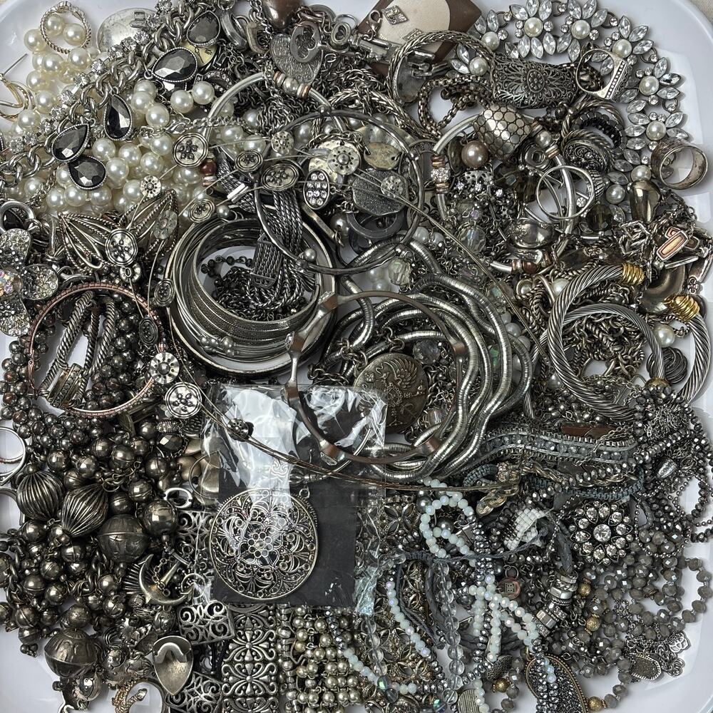 Curated Craft Jewelry Lot - 4.5 lbs Silver Tone Grey Monochrome Metallic Variety